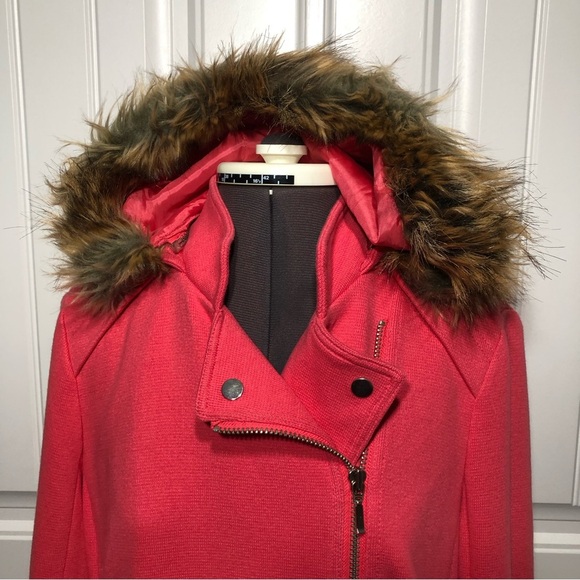 INC Long Full Zipper Lined Removable Hoodie With Fur Coral Pink Pockets Jacket M - Picture 2 of 13